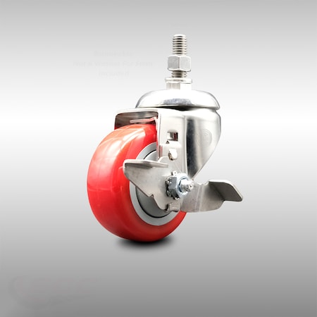 Service Caster 3 Inch 316SS Red Polyurethane Swivel 10mm Threaded Stem Caster with Brake SCC-SS316TS20S314-PPUB-RED-TLB-M1015